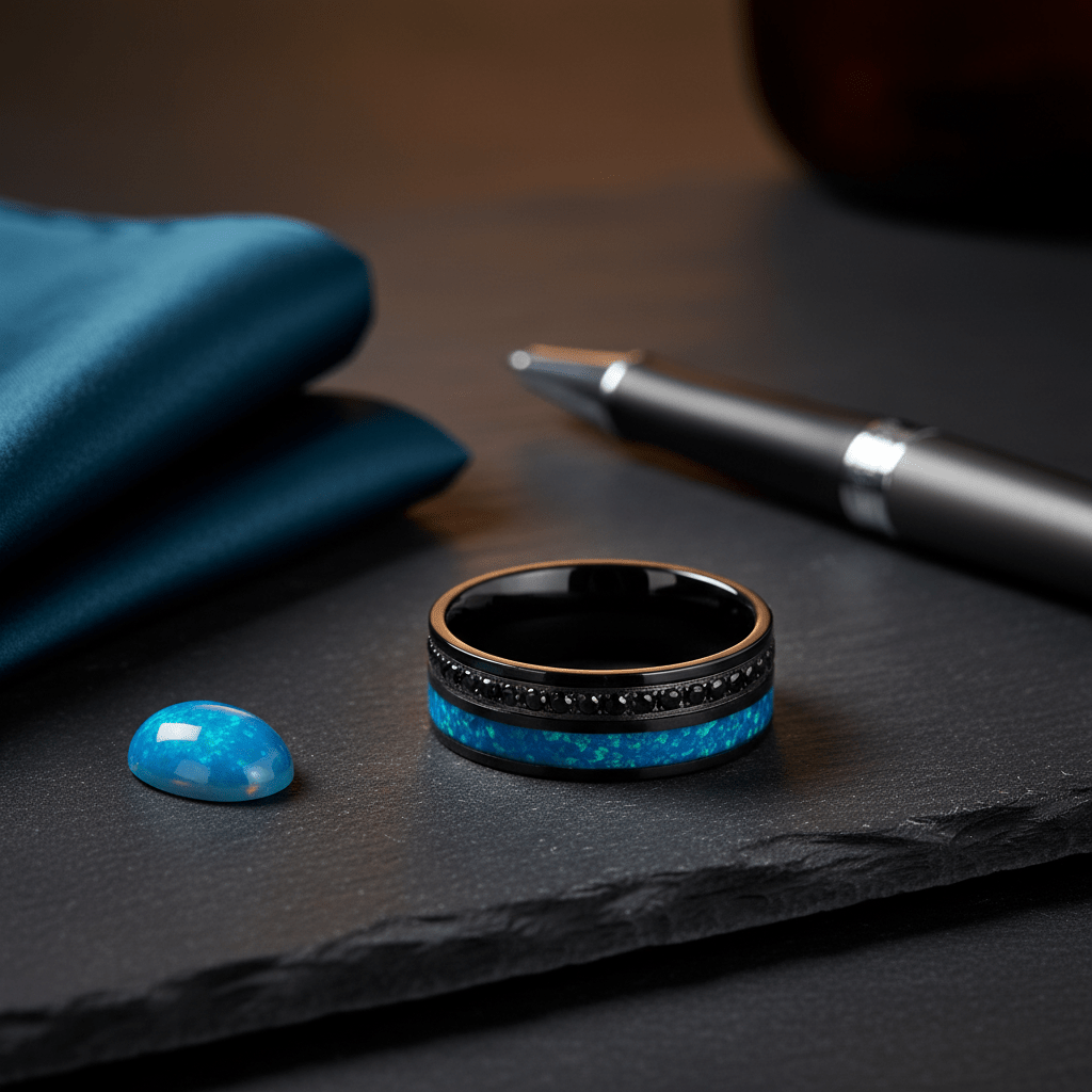 AQUORION — Editorial masculine still life — men's tungsten wedding ring.