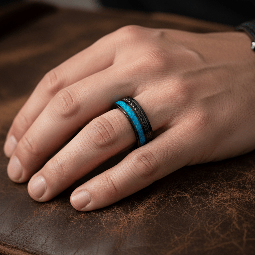 AQUORION — Lifestyle photo on hand — men's tungsten wedding ring.