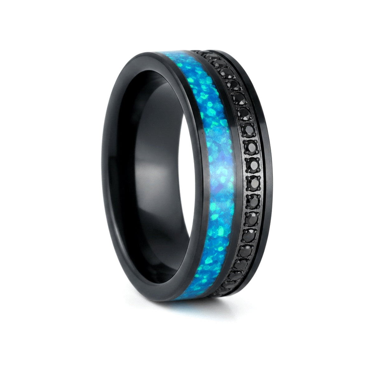 AQUORION black tungsten ring with blue opal inlay and black CZ accents - front view