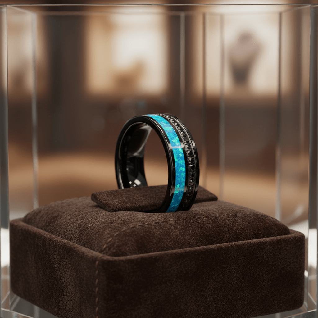 AQUORION — Premium boutique display on velvet — men's tungsten wedding ring.