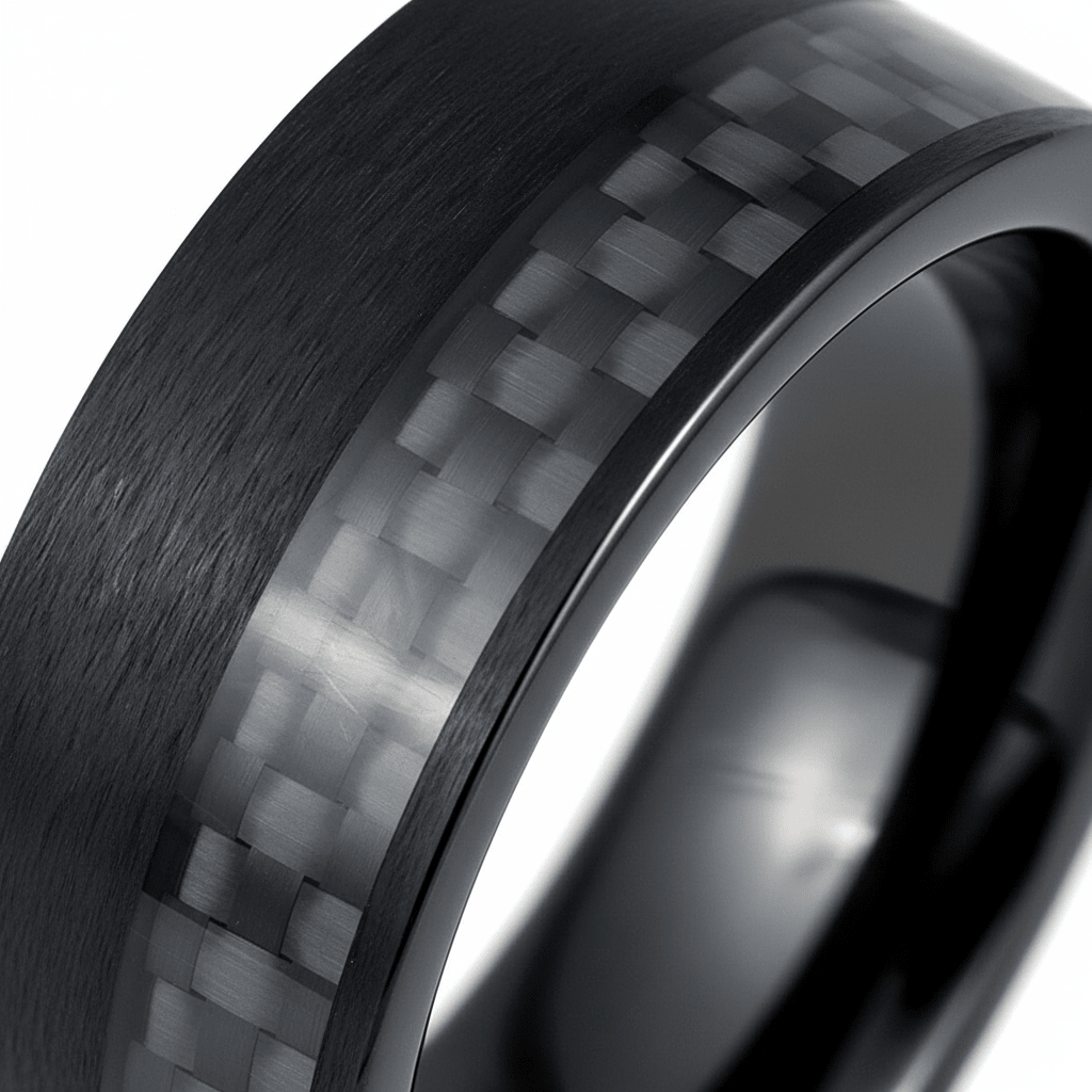 ARAE — Extreme macro detail — men's tungsten wedding ring.
