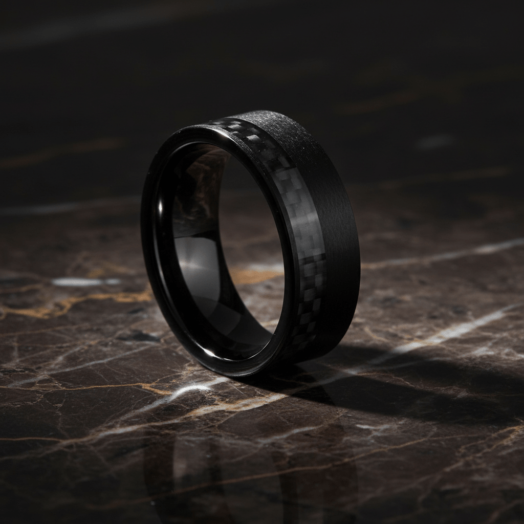 ARAE — Luxury 3/4 angle on dark marble — men's tungsten wedding ring.
