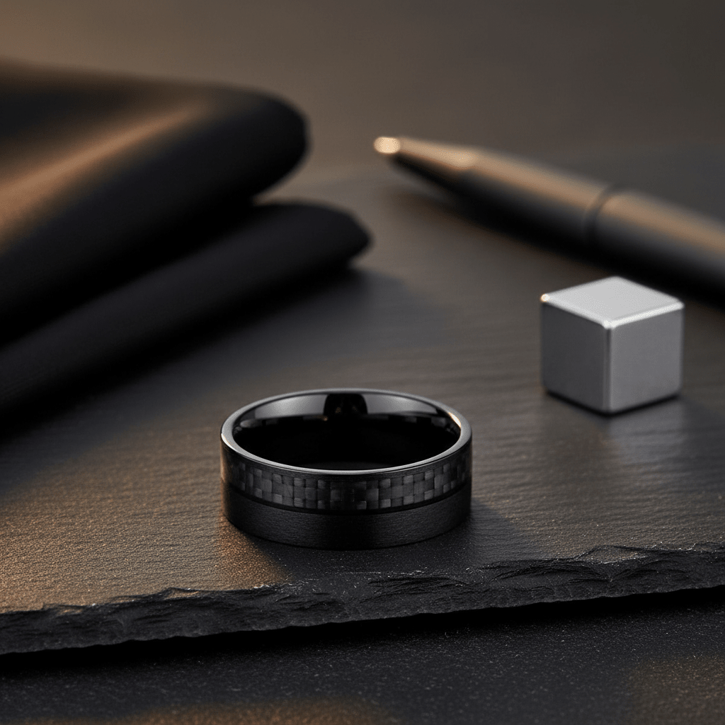 ARAE — Editorial masculine still life — men's tungsten wedding ring.