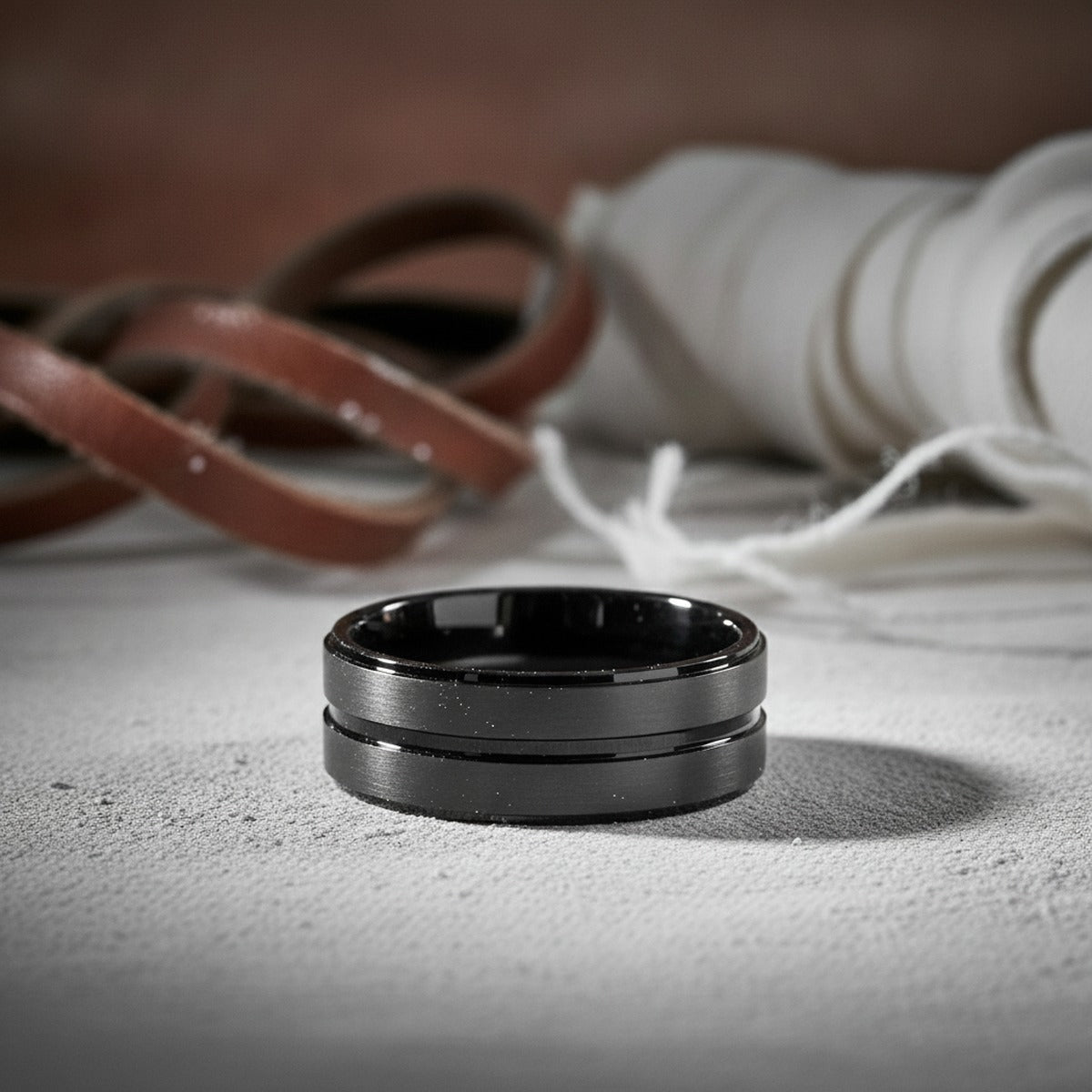 Aydins ARCHER | Black Ring, Black Tungsten Ring, Grooved, Stepped Edge lifestyle scene, boxing gym canvas