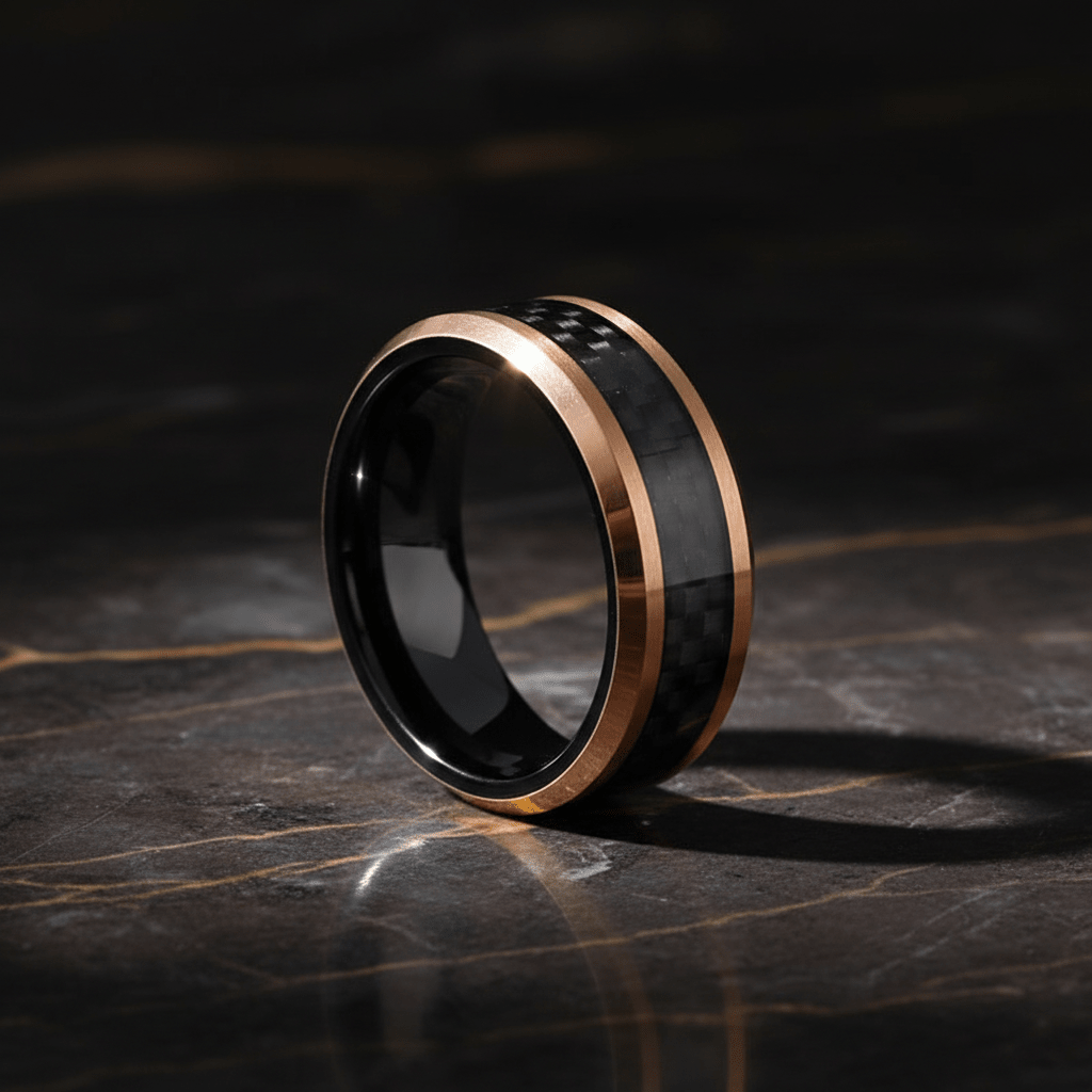 ARCHER — Luxury 3/4 angle on dark marble — men's tungsten wedding ring.