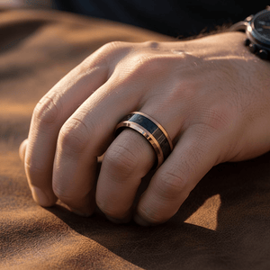 ARCHER rose gold tungsten carbon fiber wedding ring angled view