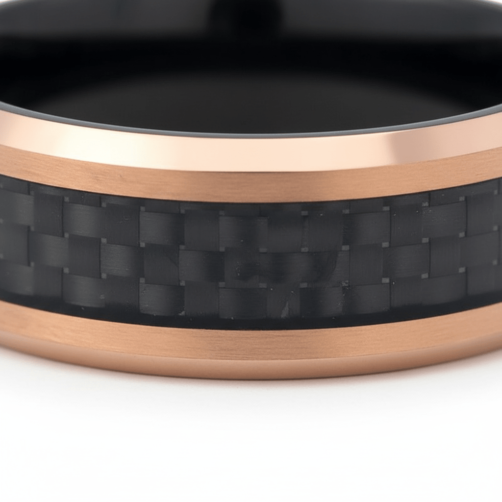 ARCHER — Extreme macro detail — men's tungsten wedding ring.