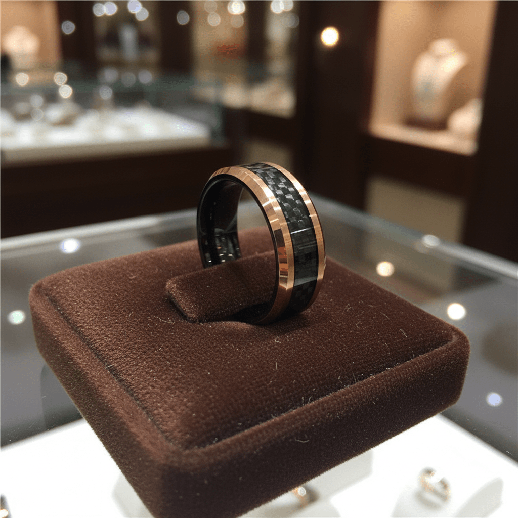 ARCHER — Premium boutique display on velvet — men's tungsten wedding ring.