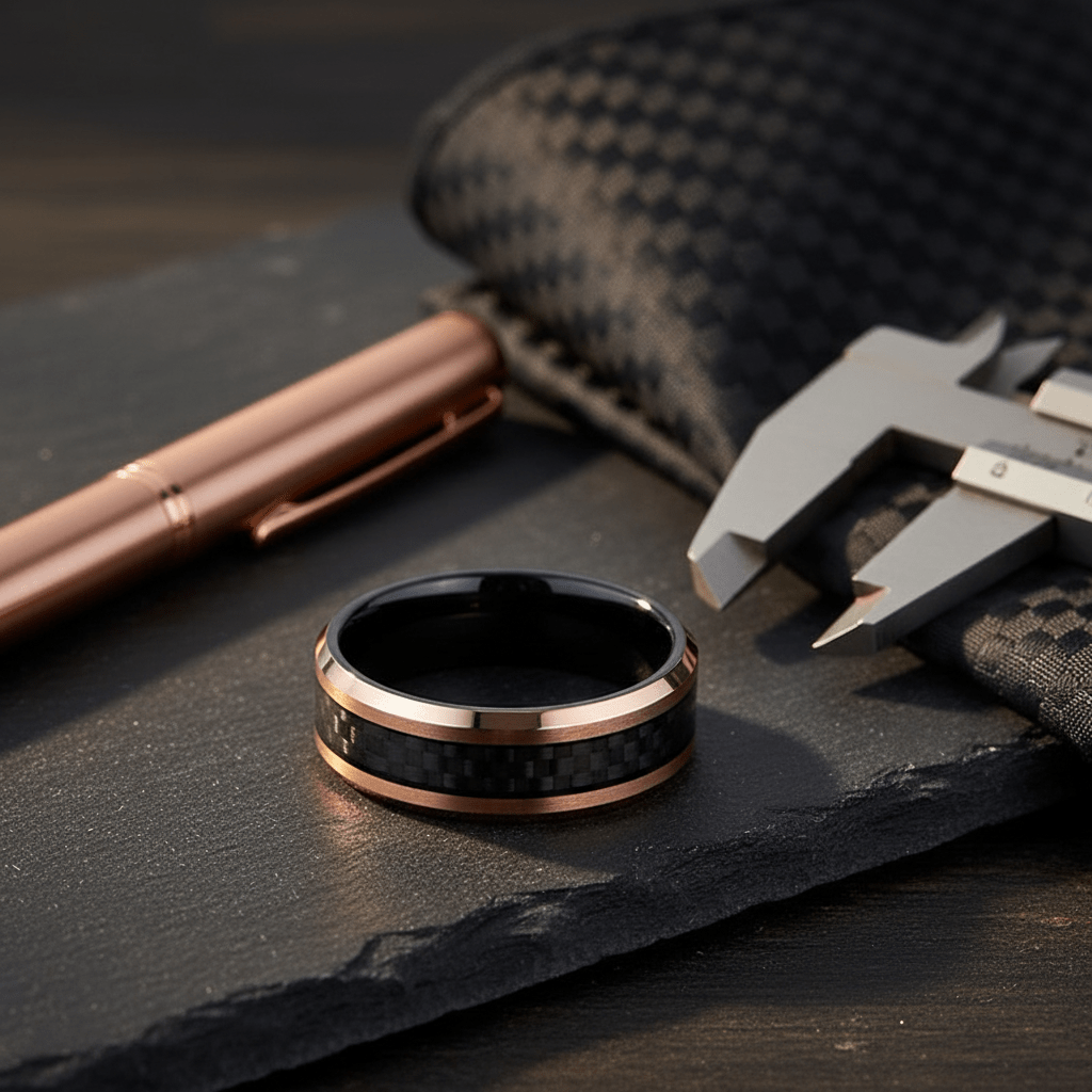 ARCHER — Editorial masculine still life — men's tungsten wedding ring.