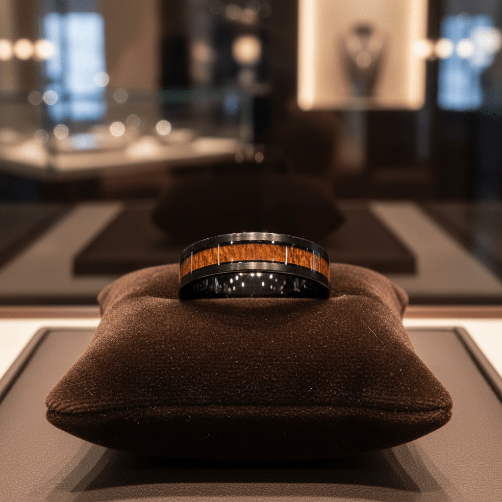 ARCHIE — Premium boutique display on velvet — men's tungsten wedding ring.