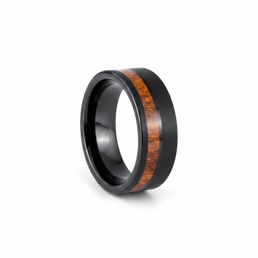 ARCHIE — Hero product shot — men's tungsten wedding ring.