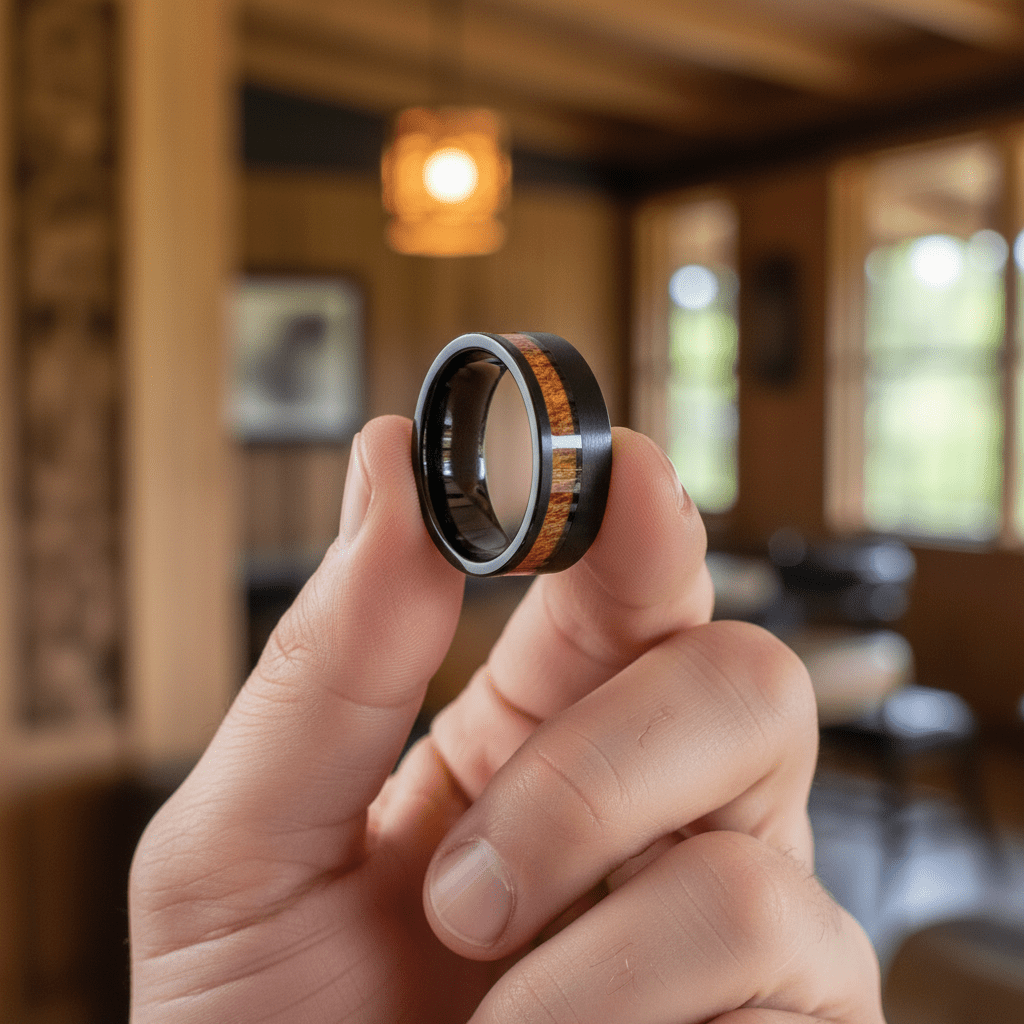 ARCHIE — Held between fingers close-up — men's tungsten wedding ring.