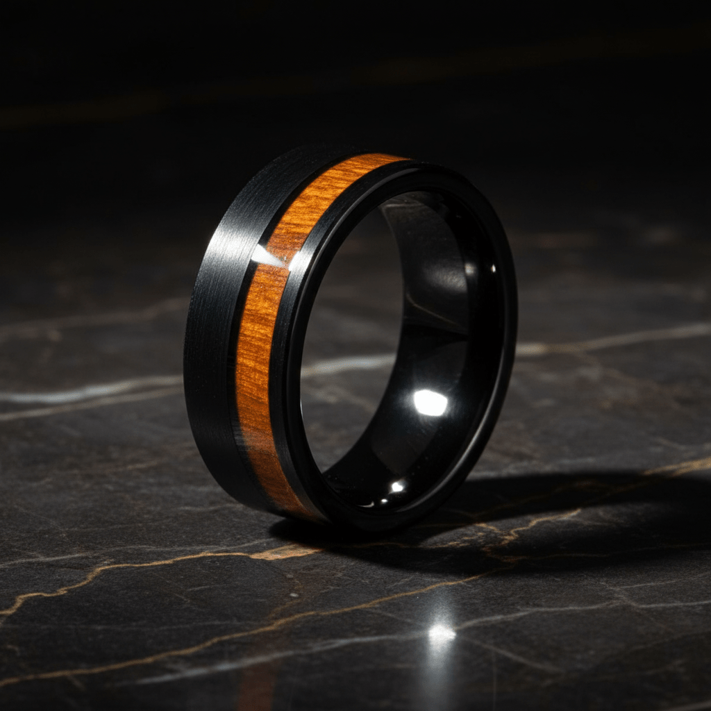 ARCHIE — Luxury 3/4 angle on dark marble — men's tungsten wedding ring.