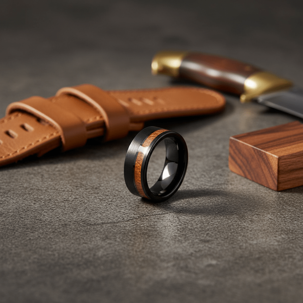ARCHIE — Editorial masculine still life — men's tungsten wedding ring.