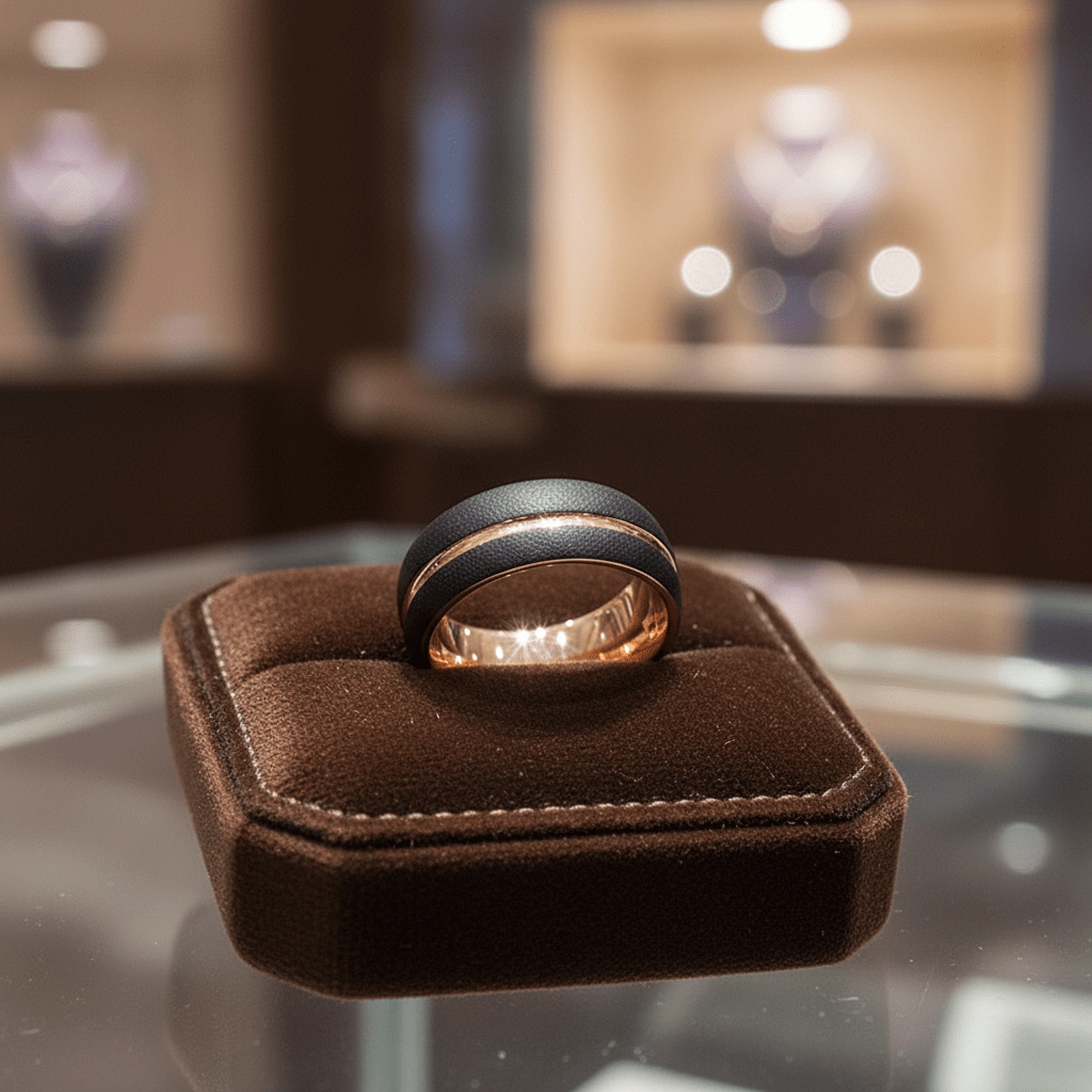 ARGENT — Premium boutique display on velvet — men's tungsten wedding ring.