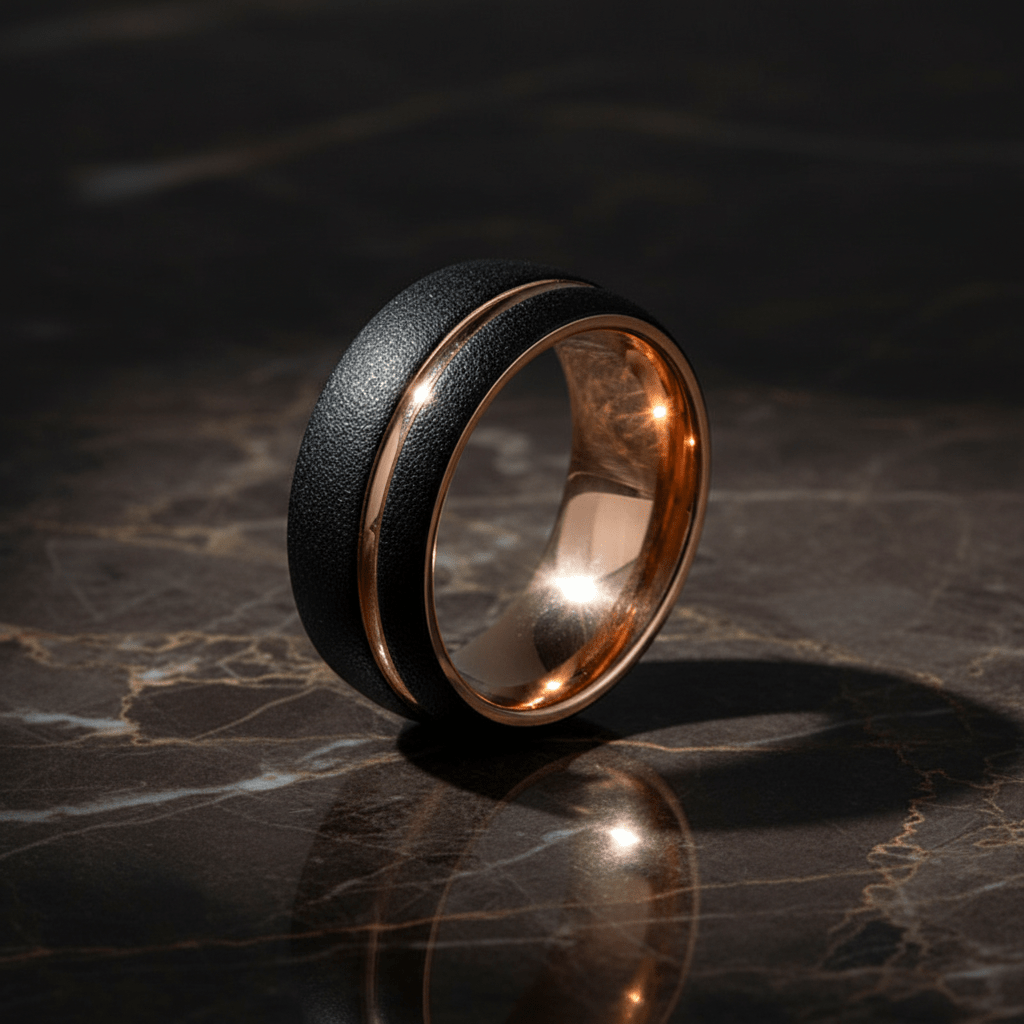 ARGENT — Luxury 3/4 angle on dark marble — men's tungsten wedding ring.