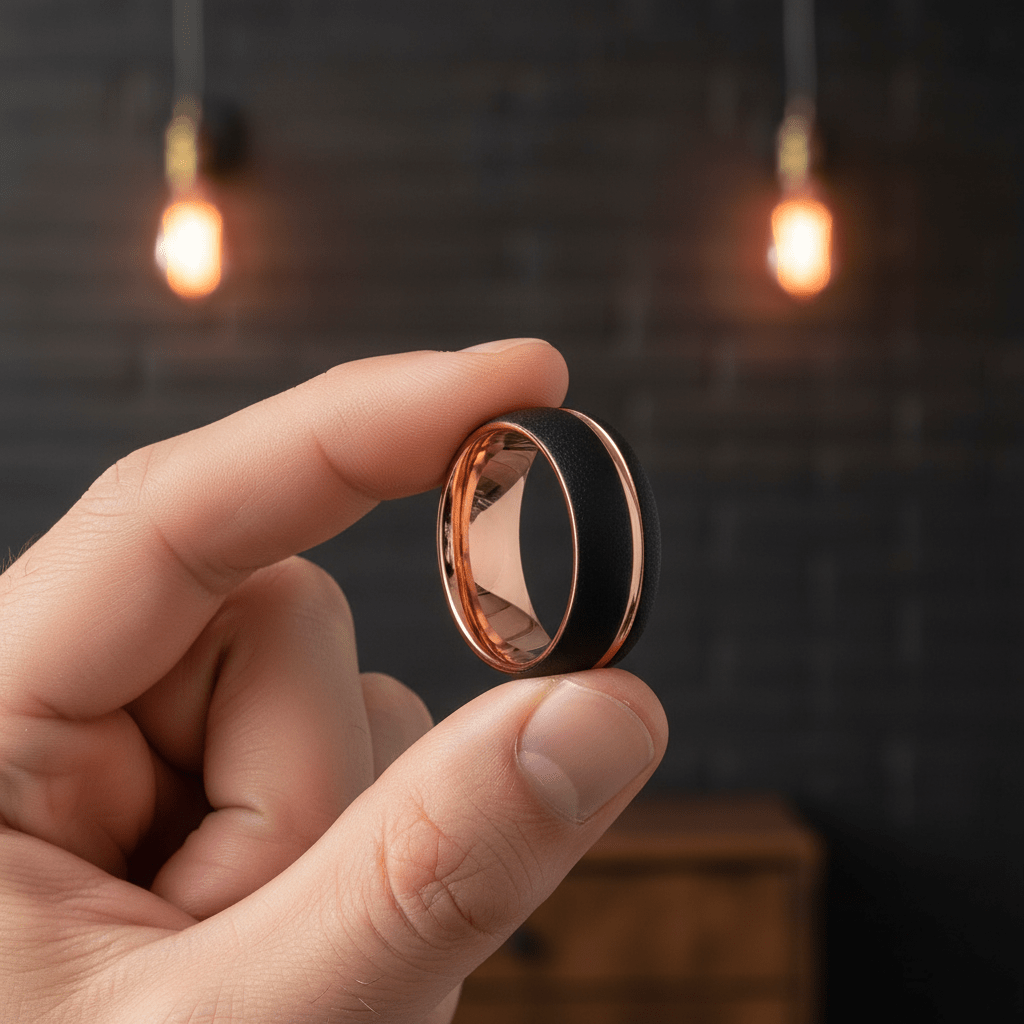 ARGENT — Held between fingers close-up — men's tungsten wedding ring.