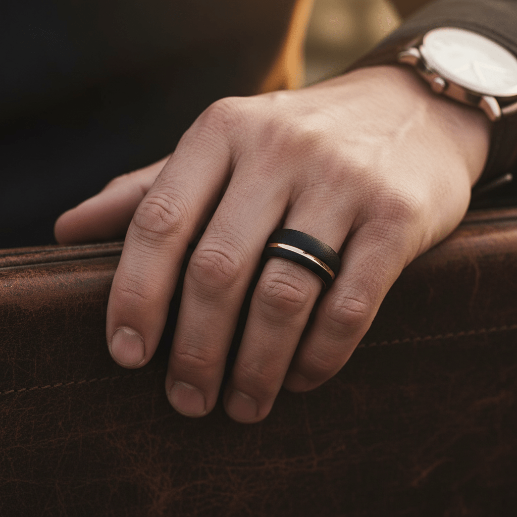 ARGENT — Lifestyle photo on hand — men's tungsten wedding ring.