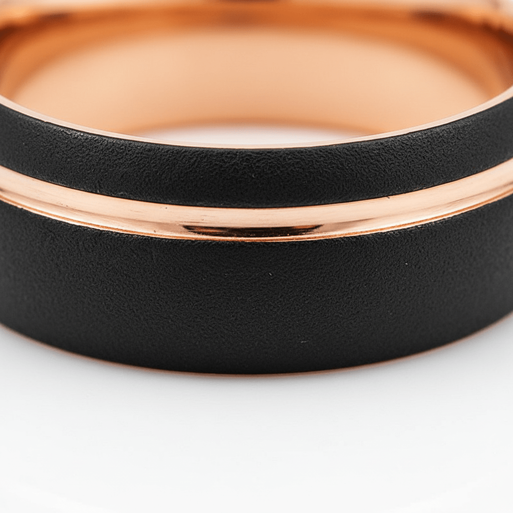 ARGENT — Extreme macro detail — men's tungsten wedding ring.