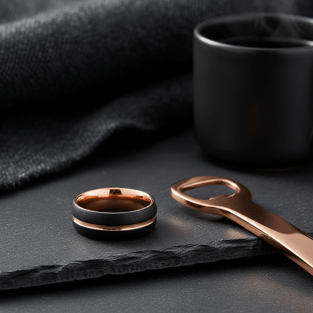 ARGENT — Editorial masculine still life — men's tungsten wedding ring.