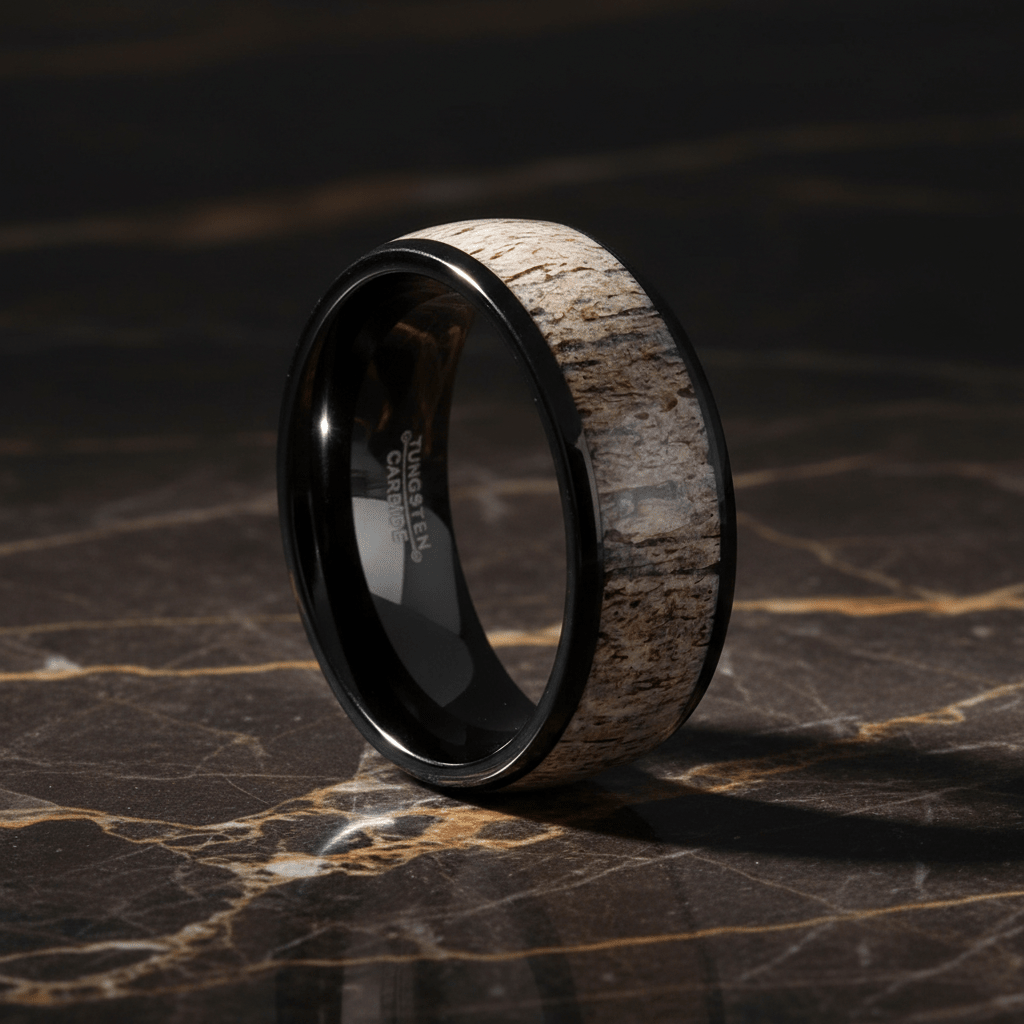 ARNEB — Luxury 3/4 angle on dark marble — men's tungsten wedding ring.