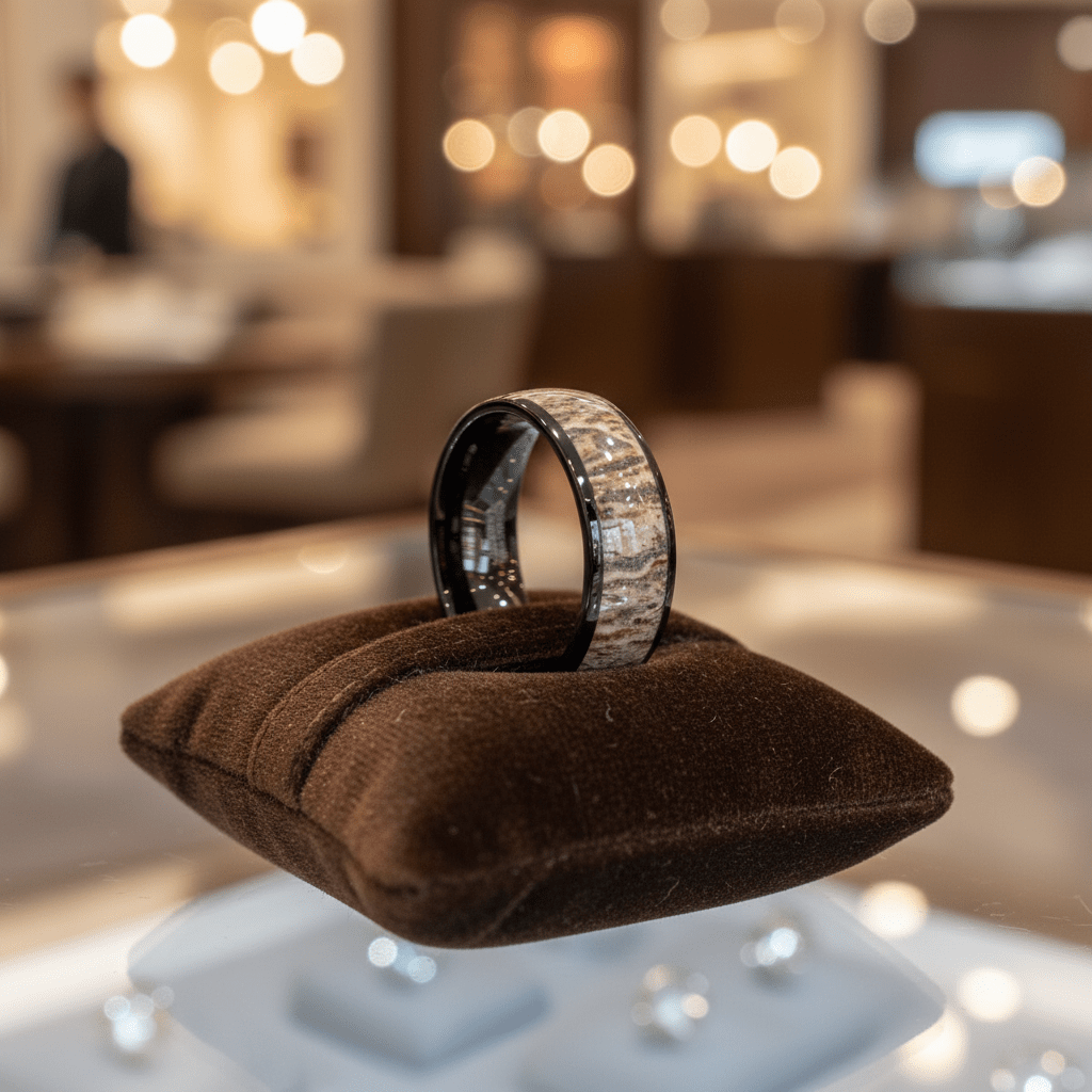 ARNEB — Premium boutique display on velvet — men's tungsten wedding ring.