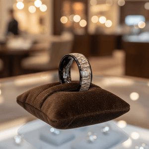 ARNEB — Premium boutique display on velvet — men's tungsten wedding ring.