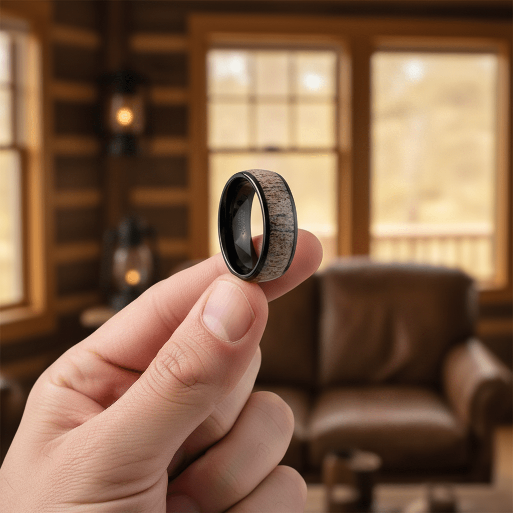 ARNEB — Held between fingers close-up — men's tungsten wedding ring.