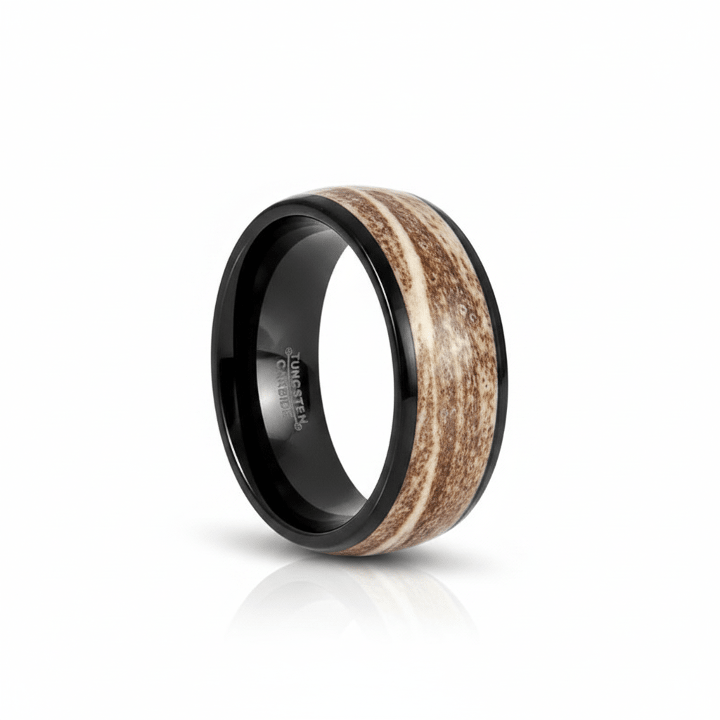 ARNEB — Hero product shot — men's tungsten wedding ring.