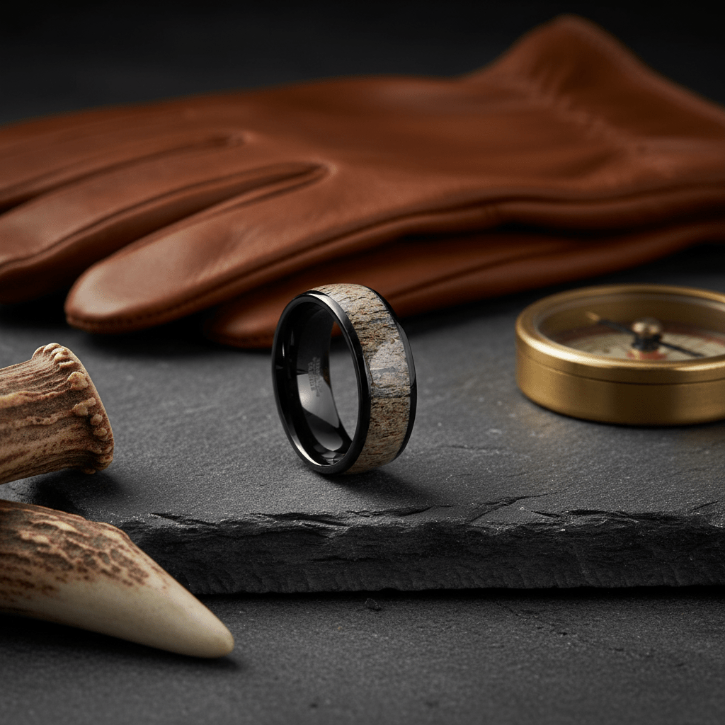 ARNEB — Editorial masculine still life — men's tungsten wedding ring.