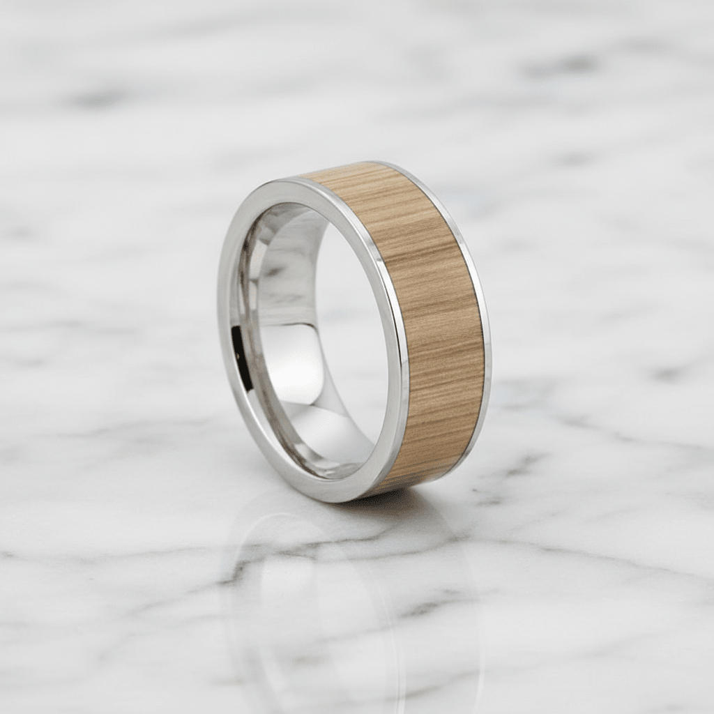 Ash Wood inlay 14k yellow gold wedding band 8mm, additional view 10