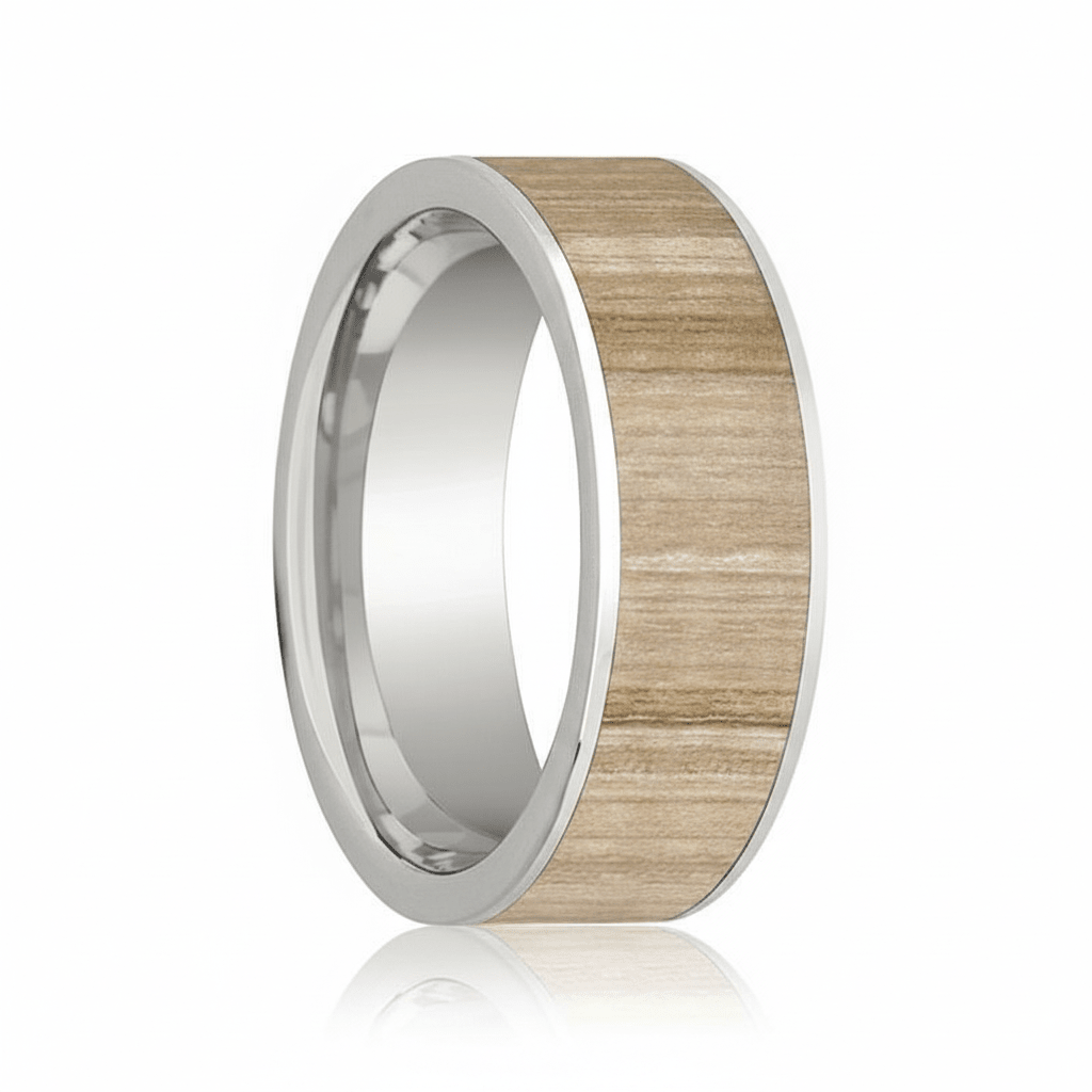 Ash Wood inlay 14k yellow gold wedding band 8mm, on the hand