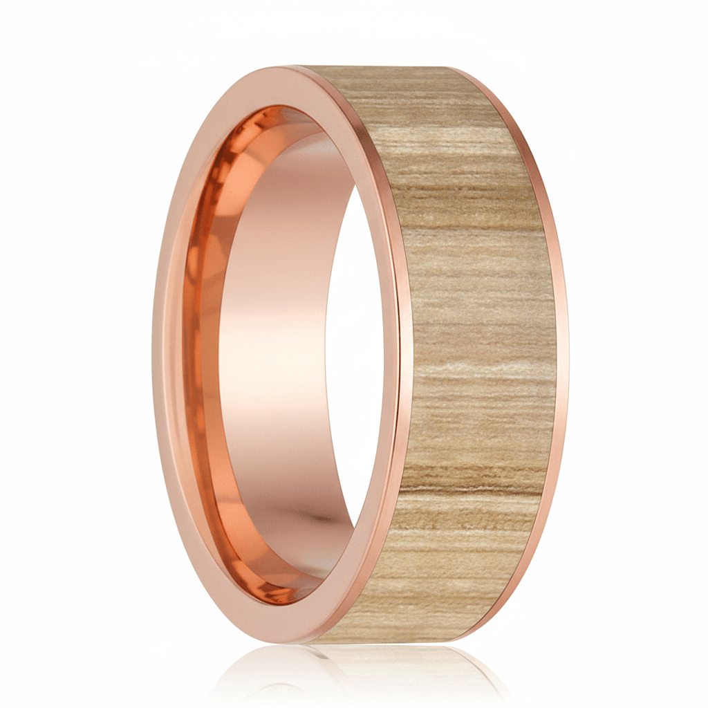 Ash Wood inlay 14k yellow gold wedding band 8mm, additional view 7