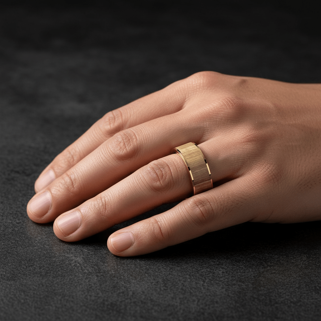 Ash Wood inlay 14k yellow gold wedding band 8mm, close-up of inlay