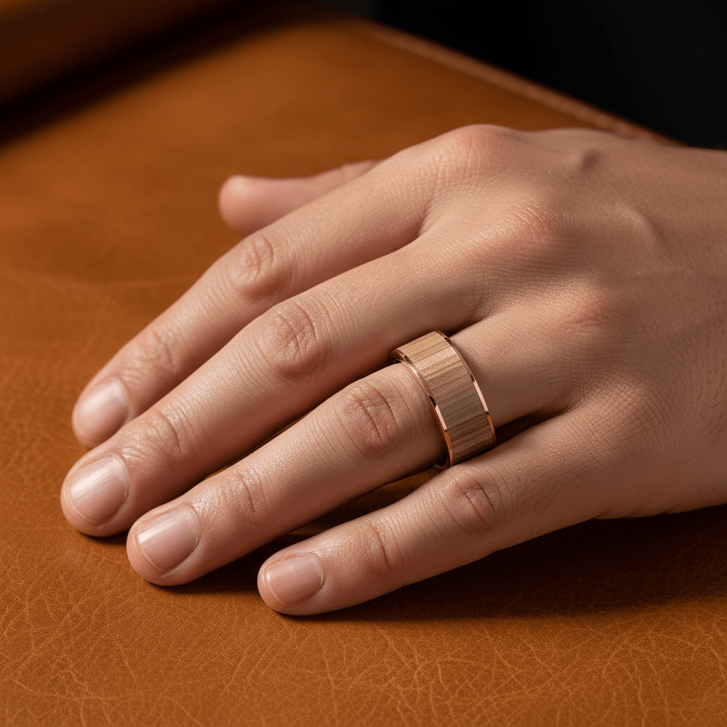 Ash Wood inlay 14k yellow gold wedding band 8mm, additional view 8
