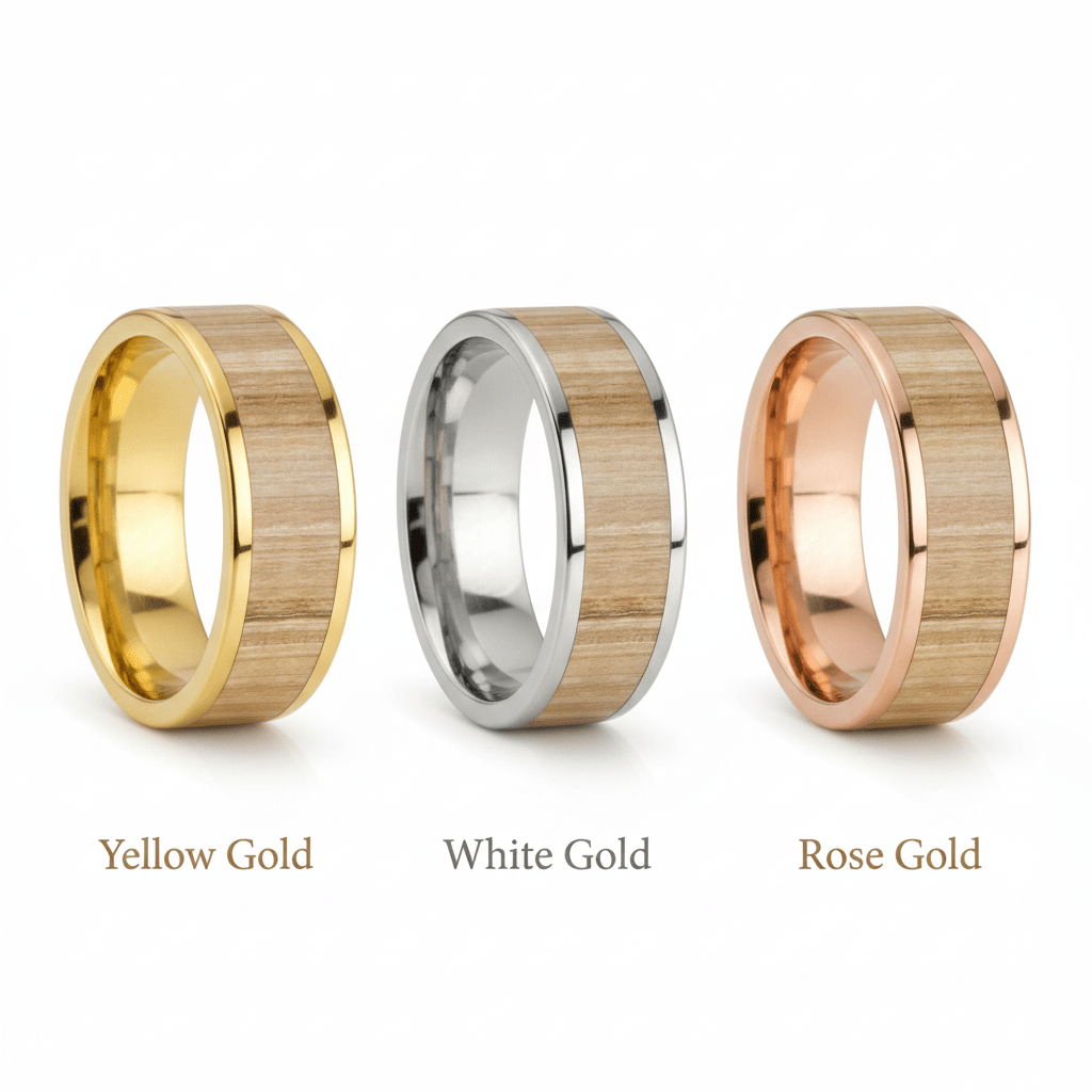 Ash Wood inlay 14k yellow gold wedding band 8mm, top view