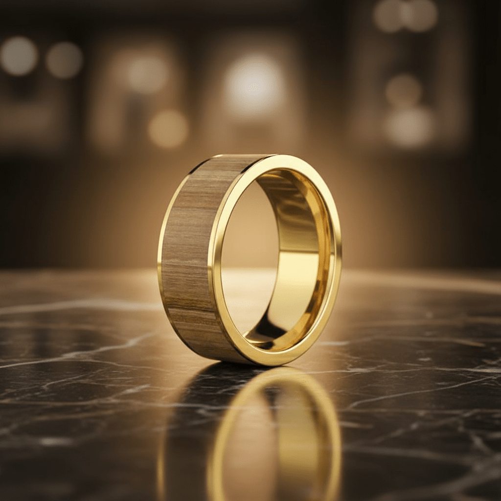 Ash Wood inlay 14k yellow gold wedding band 8mm, additional view 9