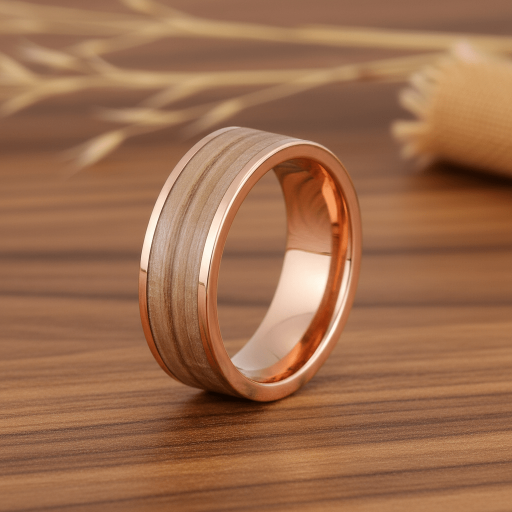 Ash Wood inlay 14k yellow gold wedding band 8mm, additional view 11
