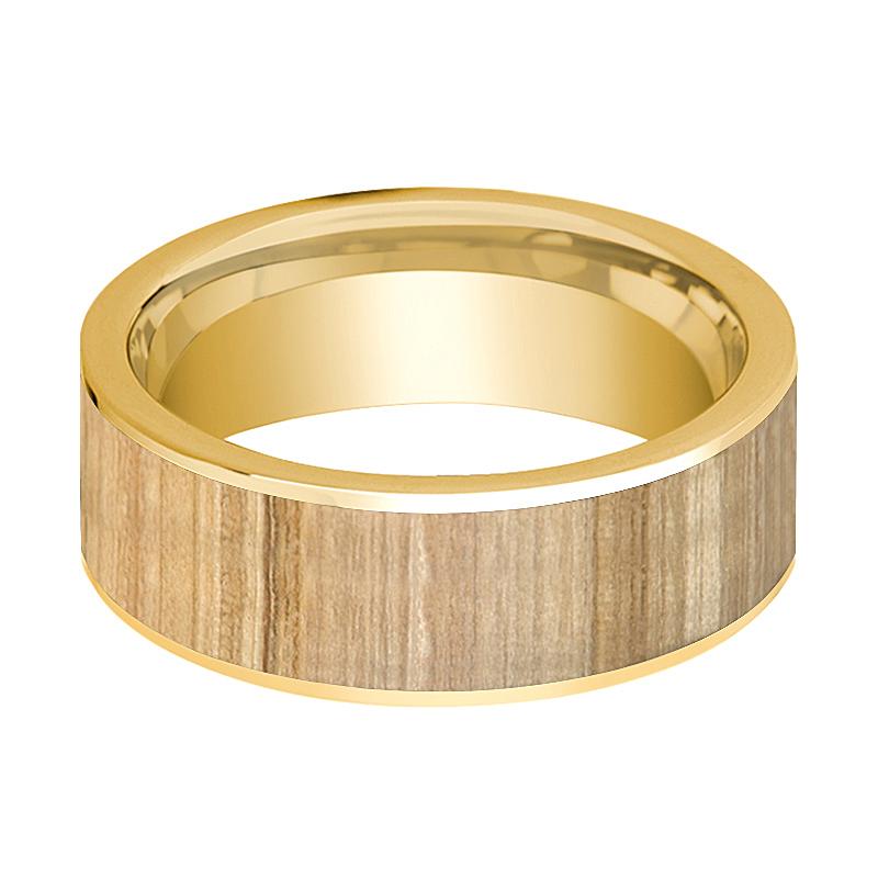 Ash Wood inlay 14k yellow gold wedding band 8mm, angled view