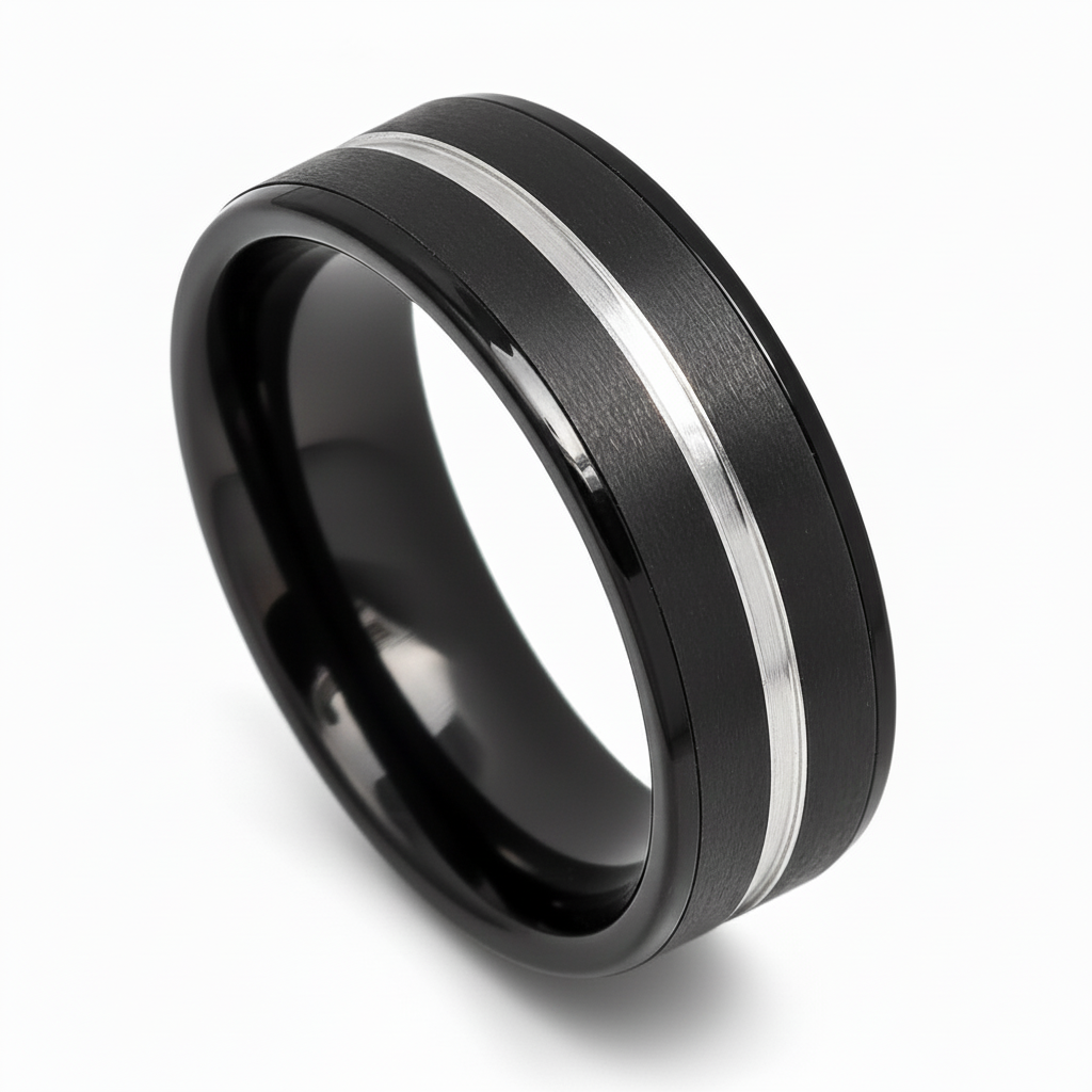 ASHCHIL — Hero product shot — men's tungsten wedding ring.