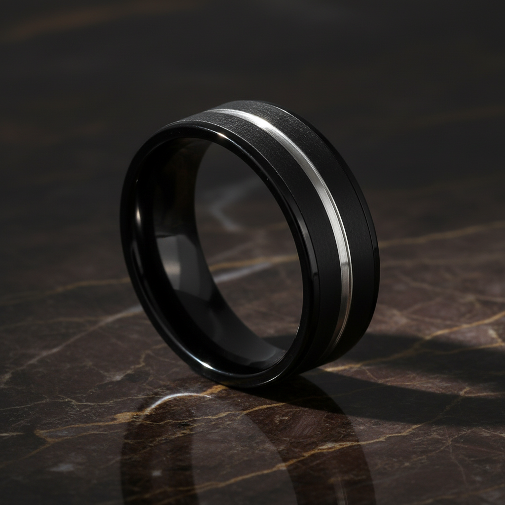 ASHCHIL — Luxury 3/4 angle on dark marble — men's tungsten wedding ring.