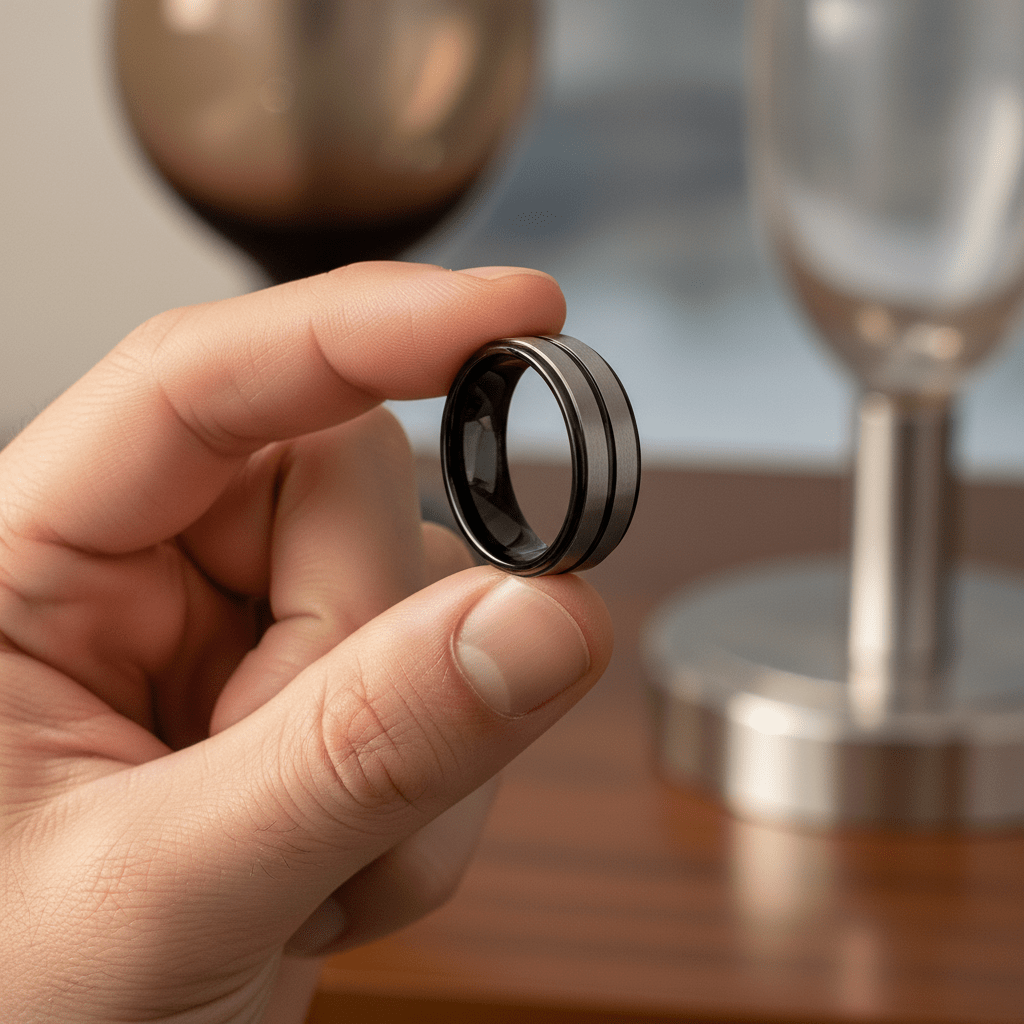 ASHCHIL — Held between fingers close-up — men's tungsten wedding ring.