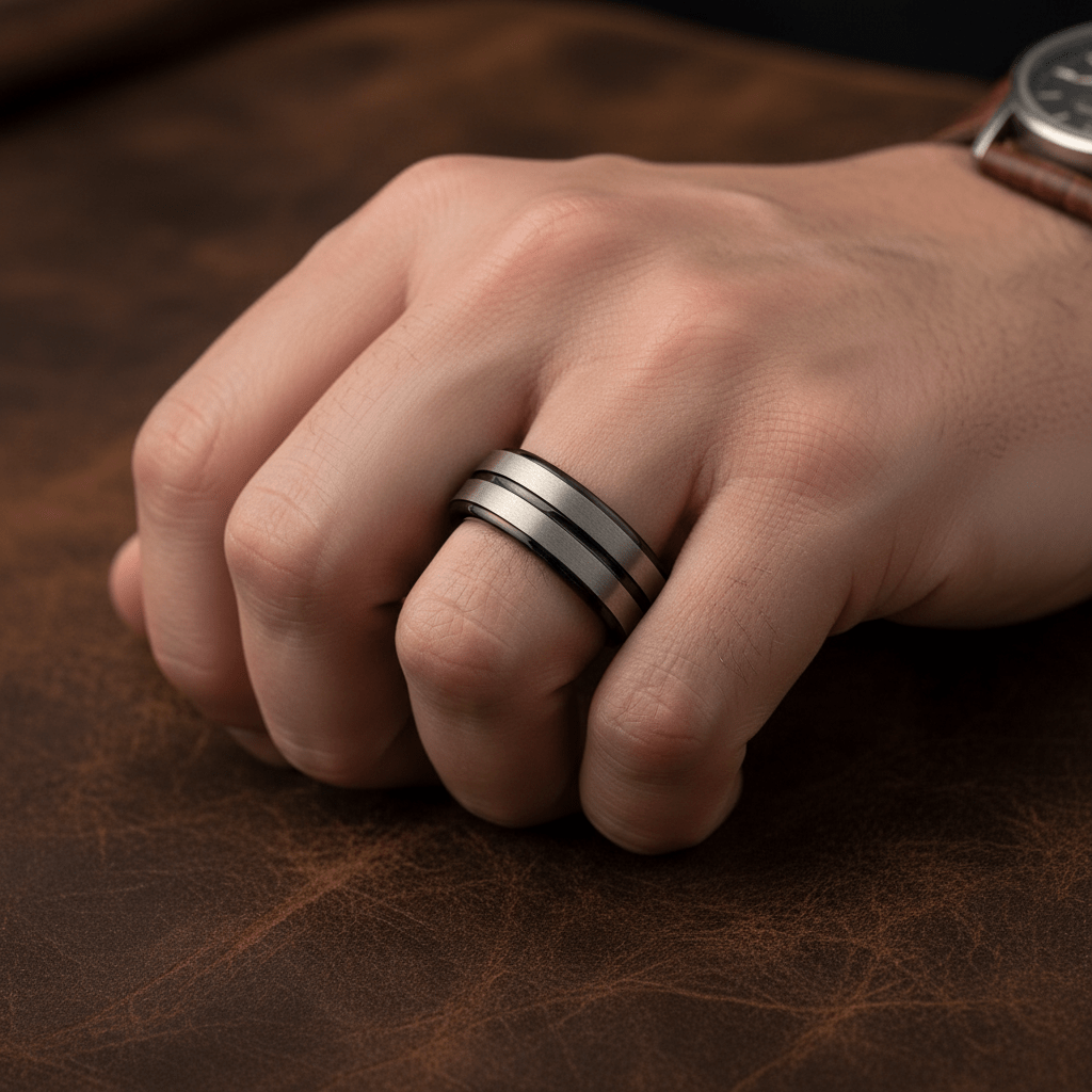 ASHCHIL — Lifestyle photo on hand — men's tungsten wedding ring.