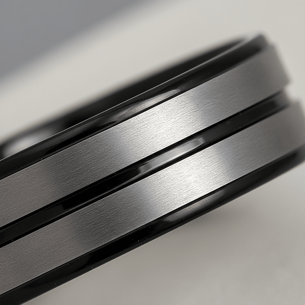 ASHCHIL — Extreme macro detail — men's tungsten wedding ring.
