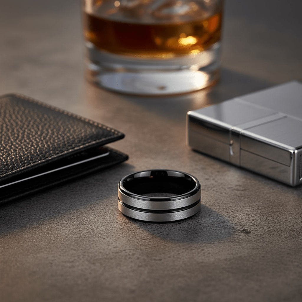 ASHCHIL — Editorial masculine still life — men's tungsten wedding ring.