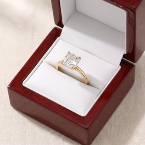 Asscher lab-grown diamond solitaire engagement ring, Yellow Gold, in cherry-wood ring box
