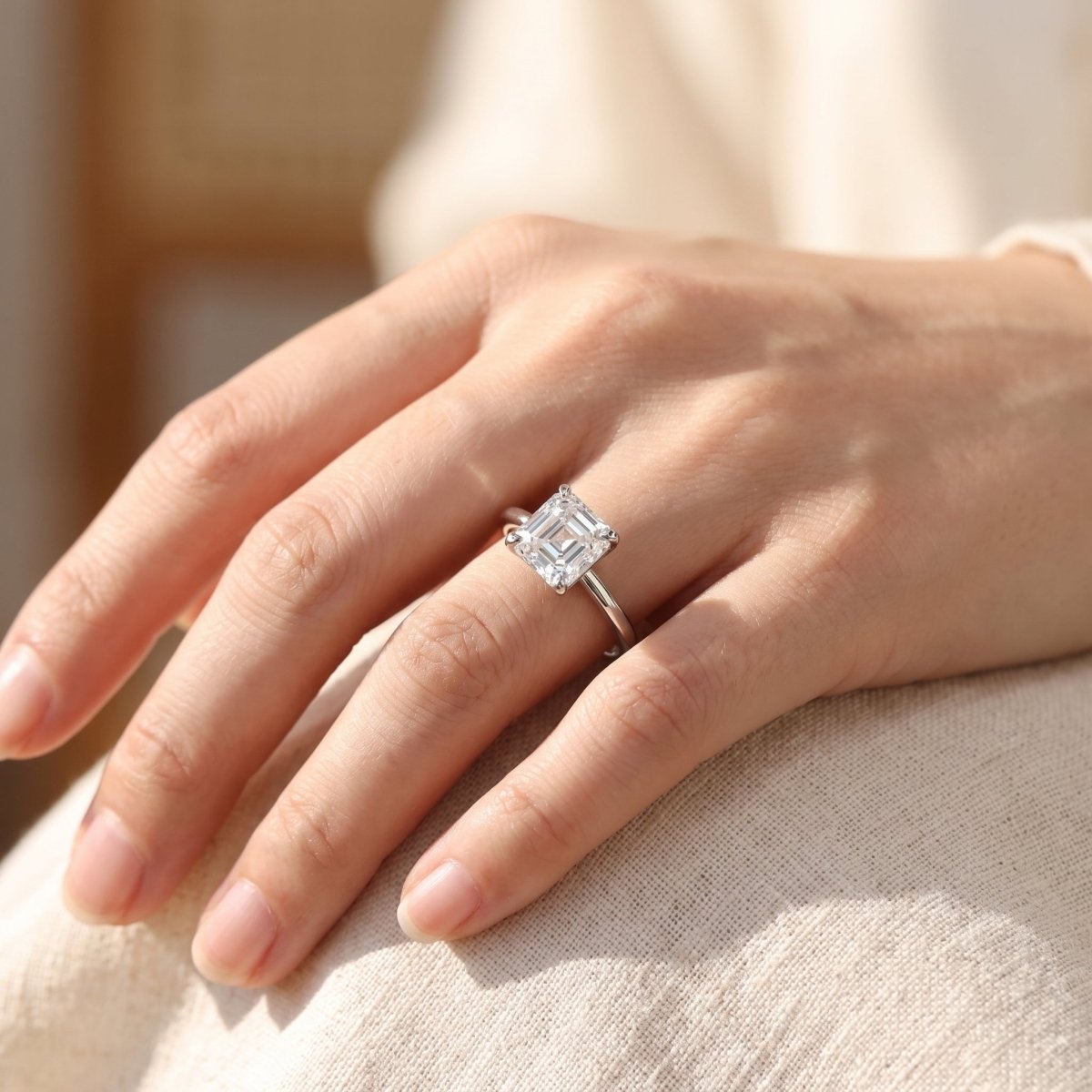 Asscher lab-grown diamond solitaire engagement ring, 925 Sterling Silver, lifestyle photograph