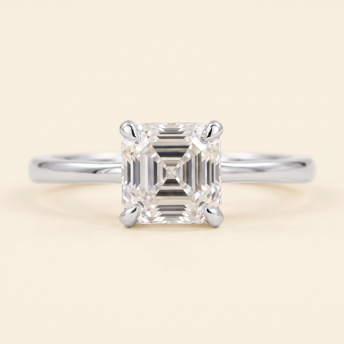Asscher lab-grown diamond solitaire engagement ring, 925 Sterling Silver, face-on detail macro