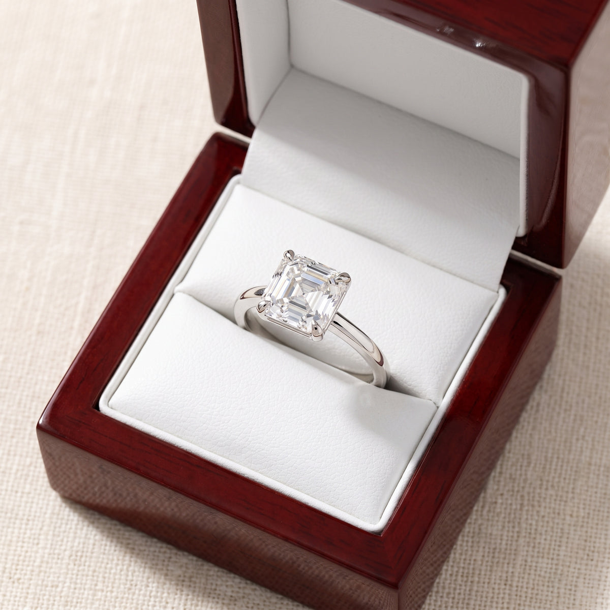 Asscher lab-grown diamond solitaire engagement ring, White Gold, in cherry-wood ring box