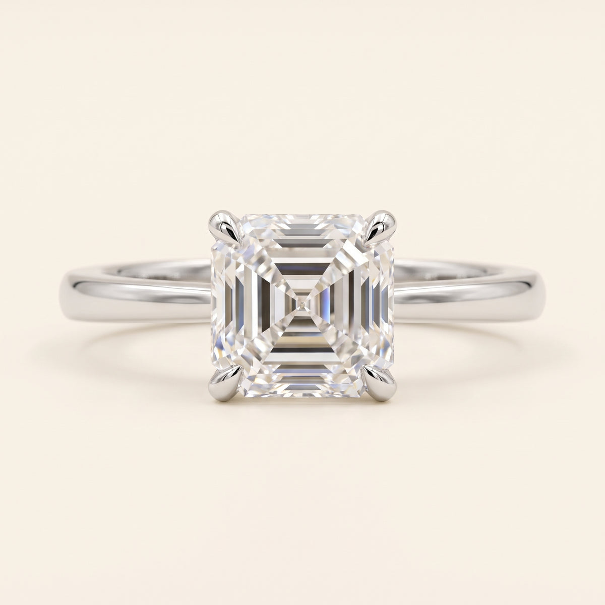Asscher lab-grown diamond solitaire engagement ring, White Gold, face-on detail macro